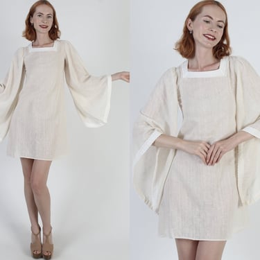 Large Kimono Sleeve Cream Mini Dress Sheer White Crochet Trim Vintage Monochrome Vacation Cover Up 