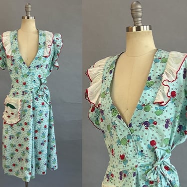 1940s Fruit Dress / Cherry and Pear Print / Ruffled Sleeve Blue House Dress / Pinafore Style Wrap Dress / Size Large 