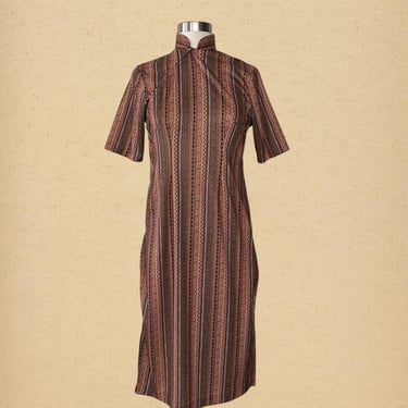 Vintage 70s Patterned Cheongsam Dress, Size X-small 