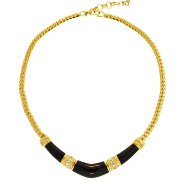 Christian Dior Vintage Black Enamel Rhinestone Golden Chain Necklace