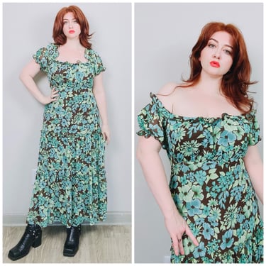 1990s Vintage Brown and Green Floral Jessica Howard Peasant Dress/ 90s Off Shoulder Puffed Sleeve Tiered Gown. Size 16 