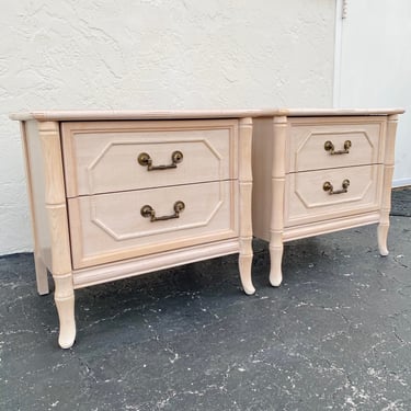 Set of 2 Vintage Faux Bamboo Nightstands FREE SHIPPING - White Wash Broyhill Hollywood Regency Coastal Furniture 