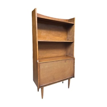 Free Shipping Within Continental US - Vintage Mid Century Modern Walnut Book Case Shelf with Caned Door and Bar Cabinet 