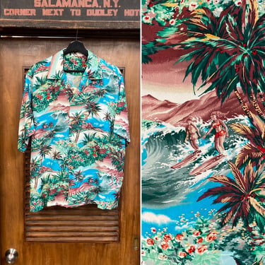 Vintage 1950’s Tropical Island Surfers Rayon Loop Collar Hawaiian Shirt, 50’s Vintage Clothing 