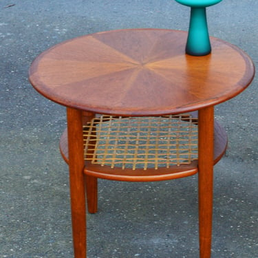Teak Starburst Round Side Table w/ Caned Shelf & Conical Legs