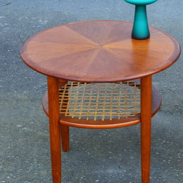 Teak Starburst Round Side Table w/ Caned Shelf &#038; Conical Legs