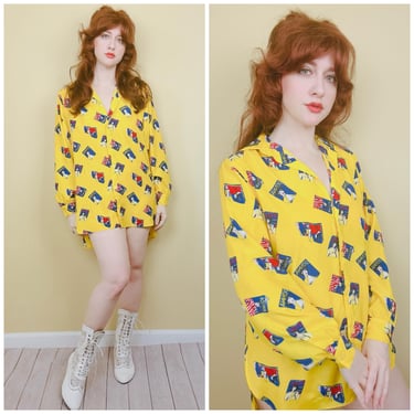 1990S Vintage Yellow Poly Shapele Novelty Print Tunic / 90s / 80s Italian Magazine Long Line Blouse/ Size Small - Large 