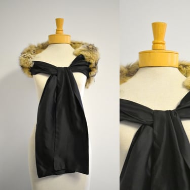 Vintage Fur Stole with Large Black Satin Ties 