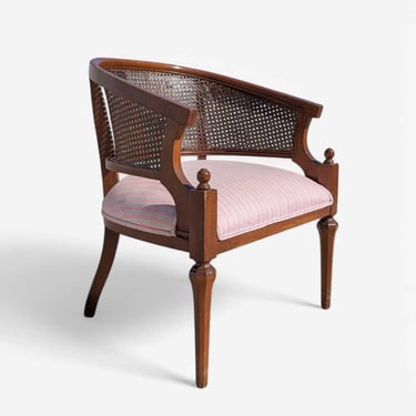 Vintage Cane Barrel Back Armchair – Regency Style Lounge Chair with Upholstered Seat, Elegant Wood Frame 