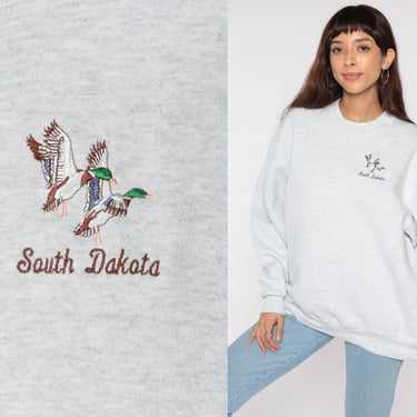 90s South Dakota Sweatshirt Mallard Duck Sweatshirt Grey Crewneck Slouchy 1980s Vintage Hunting Pullover Fruit of the loom Extra Large XL 