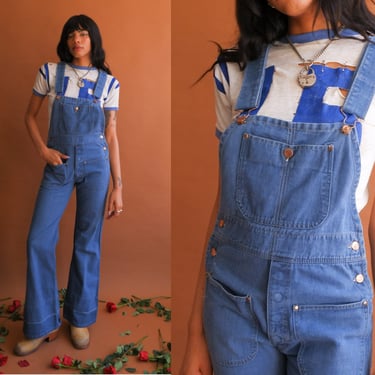 Vintage 70s Denim Bell Bottom Bib Overalls/ Size Small 