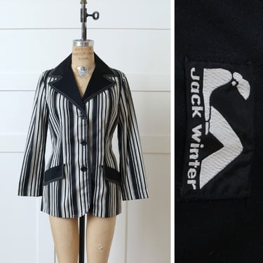 women's vintage 1970s tuxedo jacket • black & white striped big collar cotton blazer 