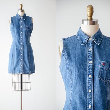 denim mini dress | 90s y2k vintage Tommy Hilfiger snap front sleeveless short dress 