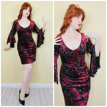 1990s Vintage City Triangle Maroon Floral Burnout Dress / 90s Bell Sleeve Trumpet Floral Body Con Dress / Size Small - Medium 