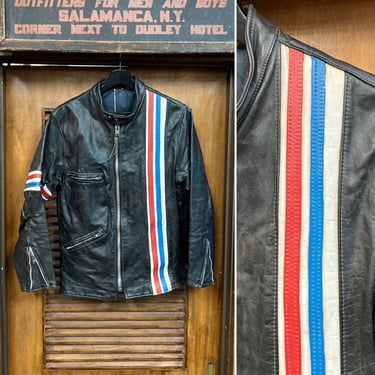 Vintage 1960’s “Easy Rider” Style MC Stripe Cafe Racer Leather Jacket, 60’s Biker, Vintage Clothing 