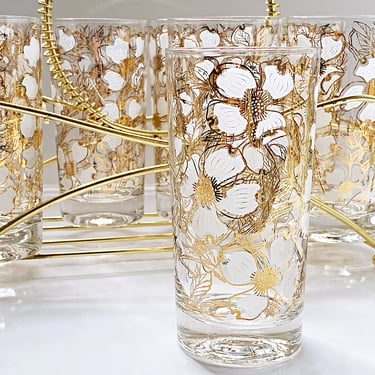 Mid century barware set 8 Fred Press highball cocktail glasses in caddy carrier White & gold floral Summer glassware for Ice Tea or Lemonade 