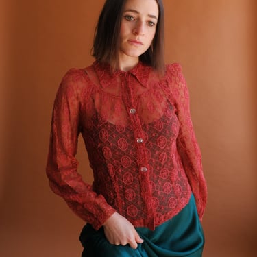 Vintage 40s Rust Lace Blouse/ 1940s Red Long Sleeve Sheer Top/ Medium 