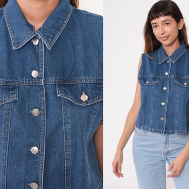 Sleeveless Denim Shirt 90s Button Up Tank Top Collared Jean Vest Denim Vintage Blue 1990s Medium 