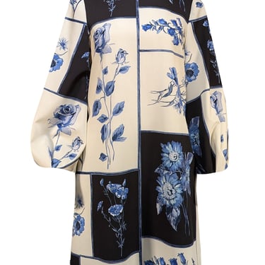 Lela Rose - Ivory, Navy, & Blue Floral Printed Long Sleeve Shift Dress Sz 6