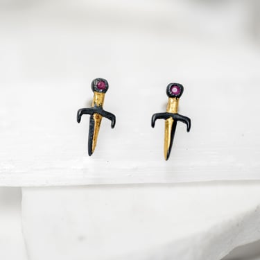 24k Gold, Ruby And Oxidized Sterling Silver Dagger Studs