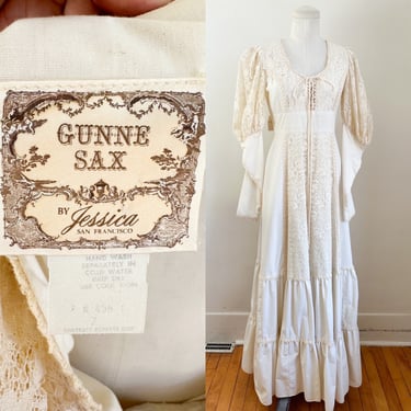 Vintage 1970s Gunne Sax Cream Peasant Maxi Dress / XS 