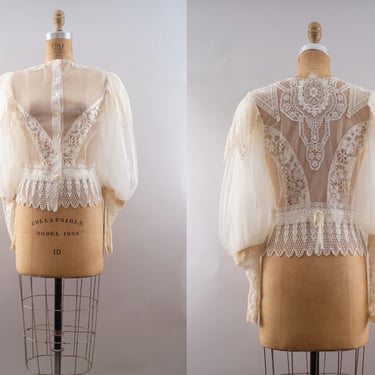 Vintage 70s Victorian Sheer Lace Prairie Blouse Puff Sleeves Small 