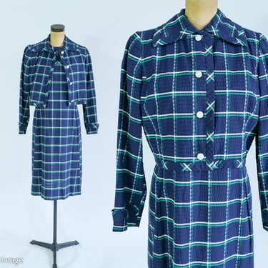 1960s Blue Plaid Dress & Jacket Set | 60s Navy Blue Plaid Seersucker Dress Set | I Magnin | Large 