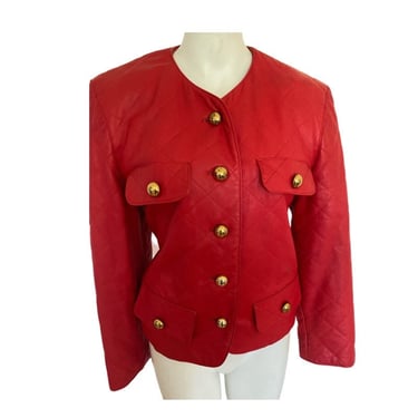 Vintage 90s red leather quilted jacket, vintage motor coat, red leather cropped jacket, vintage Saks fifth avenue quilted gold coat 
