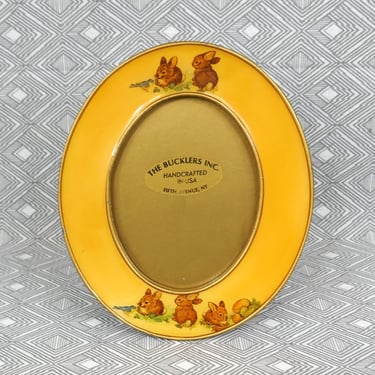 Vintage Oval Picture Frame - Bunnies, Bunny Rabbits - The Bucklers - Gold Tone Metal w/ Glass - Holds 3" x 4"  Photo - 3x4 Frame 