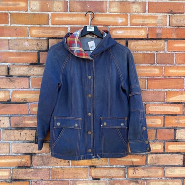 vintage 70s blue hooded denim chore jacket / l large 