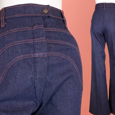 Unique vintage 70s jeans DEADSTOCK Wavy triple front yoke Orange stitching High rise French yoke Wide bell legs Dark denim. (26 x 34) 
