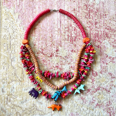 AS-IS *** Vintage 1980s 80s Animals Carved Wood Beads Beaded Colorful Painted Multi-Strand Chunky Statement Necklace 