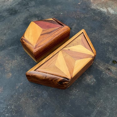 2 Vintage Craftsman Jewelry Boxes Stash Trinket Mid-Century Geometric Parquetry Hexagonal 