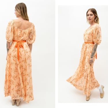 Vintage 1970s 70s Apricot Peach Daisy Floral Maxi Gown Prairie Dress w/ Puff Sleeves Bohemian 