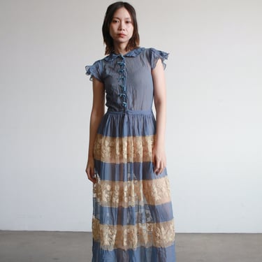 Antique Cerulean Silk Chiffon Lace Dress 