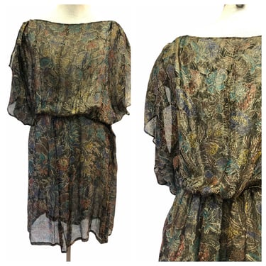 Vintage VTG 1930s 30s Metallic Multicolored Lamé Sheer Short Sleeve Ruffle Day Dress 