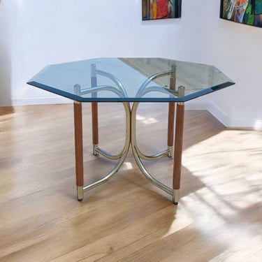 Vintage Glass Dining Table, Postmodern, Octagonal Brass Plated & Wood Base, c. 1980s, 48