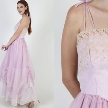 19th Century Style Maxi Dress / Vintage 70s Western Saloon Dress / 1970s Romantic Wedding Dress / Lilac Satin Saloon Fairytale Gown 