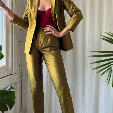 90s Olive Green Silk Pant Suit
