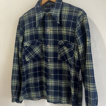 1940s Plaid Dagger Collar Wool Shirt Medium Vintage Menswear 