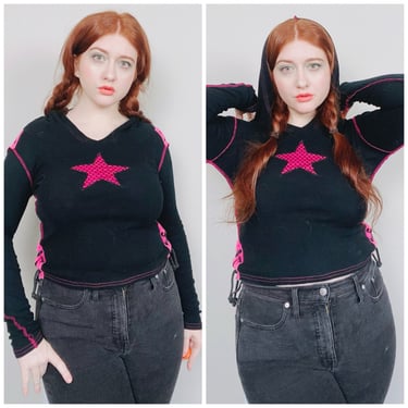 Y2K Hot Pink and Black Serious Los Angeles Knit Top / Vintage Hooded Lace Up Star Goth Shirt / Small 