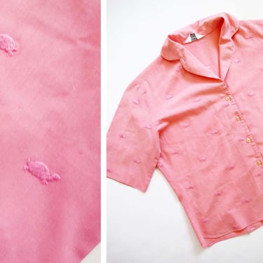 Vintage 60s Womens Turtle Embroidered Pink Blouse S M - Adelaar Collared Novelty Print  Button Up Top - Retro Rockabilly Kawaii 