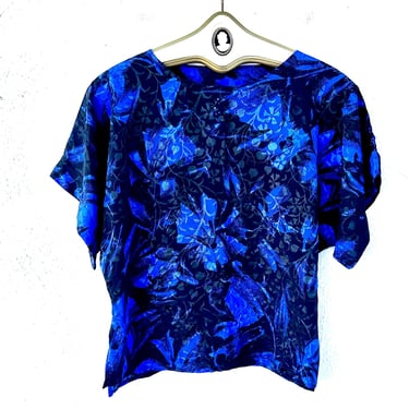 Vintage 70s 80s Silk Floral Top Blue Black 1970s 1980s Artsy Shirt 