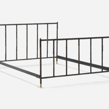 Jacques Adnet Leather and Brass Full Size Bed Frame, France 1950