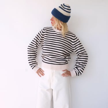 Vintage French Stripes Black And White Knitted Sweater | Round Neck Striped Long Sleeve Sweater | Perfect Sailor Mariniere | Breton Sweater 