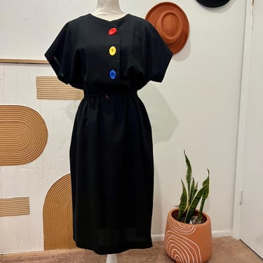 Vintage Black Primary Color Button Fit & Flare Midi Short Sleeve Dress USA Made 