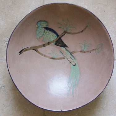 Original Vintage CERAMIC BOWL QUETZAL Bird Large 17" dia. Studio Pottery Dish Plate Charger Mid-Century Modern Art eames knoll era 