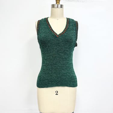 Vintage 70 Sweater Vest | V neck Green and Red | Size Small 