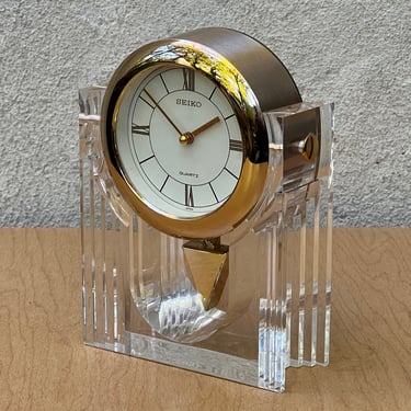 Seiko Lucite Brass Deco Memphis Design Pendulum Table Clock 
