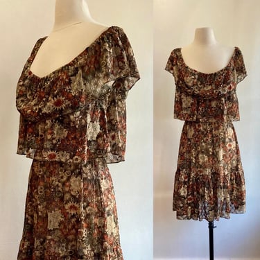 Vintage 70s Dress / SHEER EYELET / BOHO  Floral Pattern / Ruffle Shawl Neckline + Cropped Bodice + Prairie Skirt 